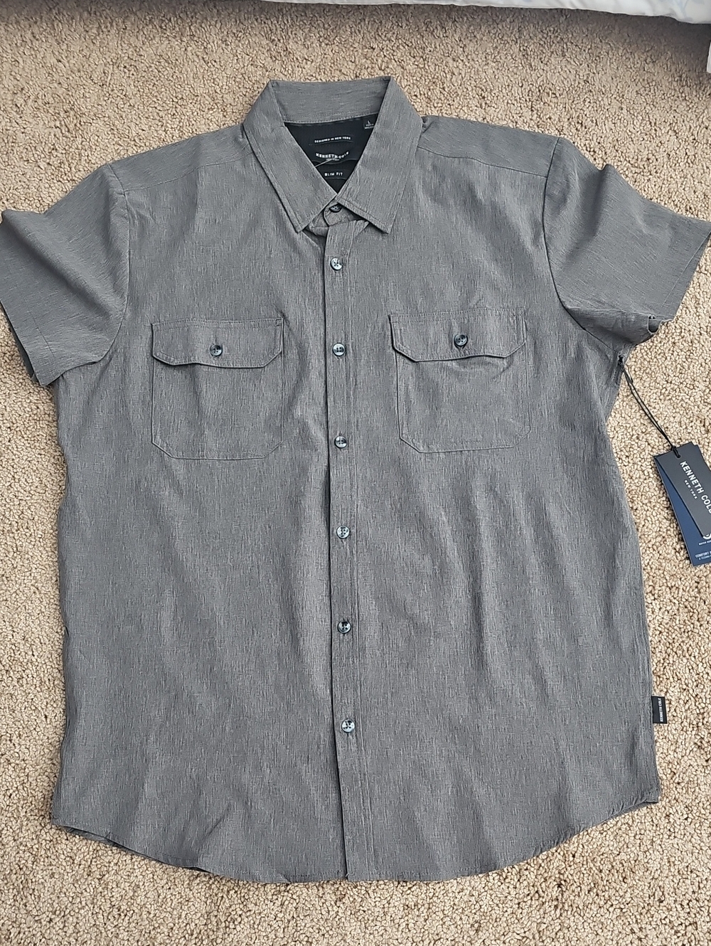 Kenneth Cole Short Sleeve Button-Up Shirt - Charcoal Gray